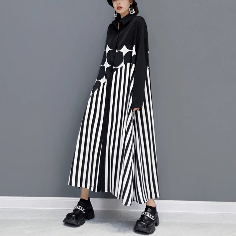 🍒Long sleeve loose fit shirt dress plus size woman black outfit with Dots striped fashion printed large smart casual dresses Spot The Stripes