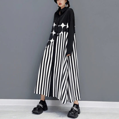 🍒Long sleeve loose fit shirt dress plus size woman black outfit with Dots striped fashion printed large smart casual dresses Spot The Stripes