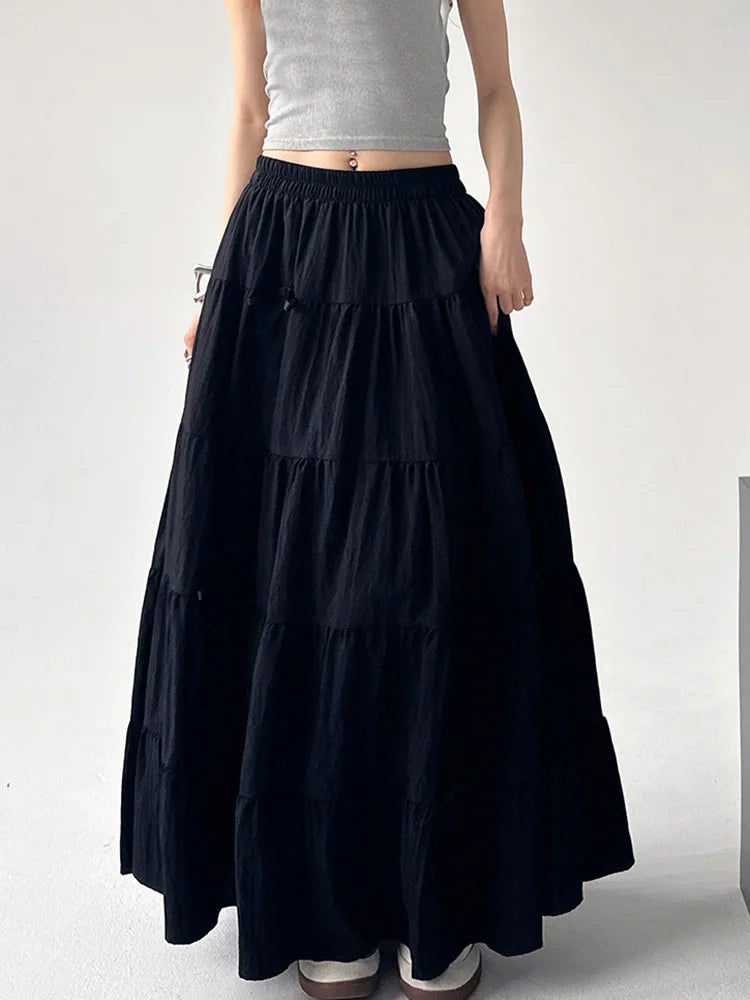 🍒Bow skirts high waist a-line women summer wear vintage loose feminine fashion wears preppy style white chic long skirt