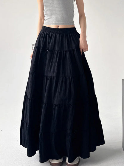🍒Bow skirts high waist a-line women summer wear vintage loose feminine fashion wears preppy style white chic long skirt