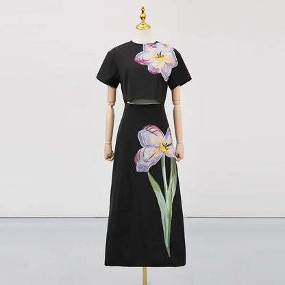 🍒3d flower skirt and top set womens two piece outfits slit back crop top and high waist a-line skirt smart casual wear female Every Body Loves A Flower