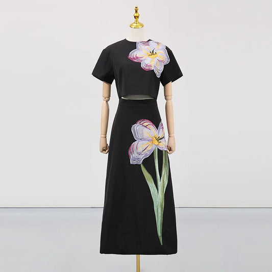 🍒3d flower skirt and top set womens two piece outfits slit back crop top and high waist a-line skirt smart casual wear female Every Body Loves A Flower