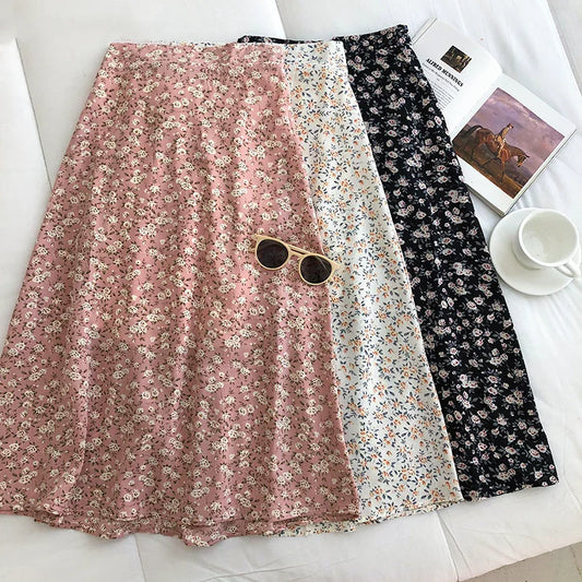 🍒Vintage floral midi skirt summer high waist fashion wear flor Woman ditsy print clothing Versatile wear casual clothes Versatile Print Mint Vint