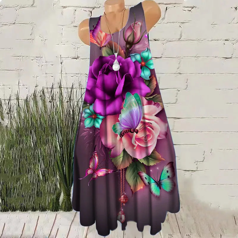 🍒Sleeveless floral print dresses summer beachy casual female short outfit floral fashion wear for women placment print