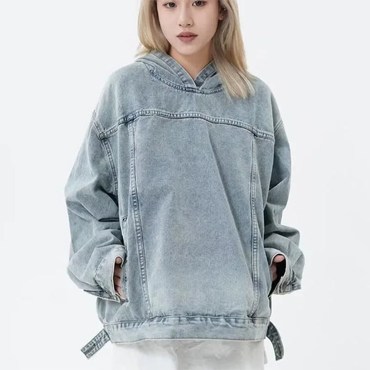 🍒Spring autumn jacket women denim hoodies for women ladies Jean pullover tops vintage unisex long Sleeve hooded baggy top