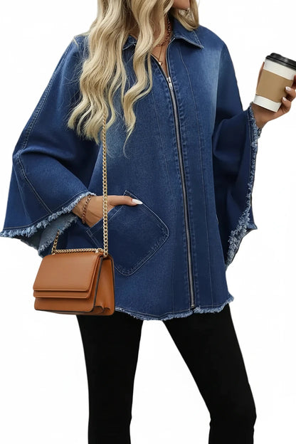 🍒Denim jacket women y2k pocket coat zipper poncho with turn down collar batwing sleeves  outerwear loose casual BAT For The DENIM team And WINg