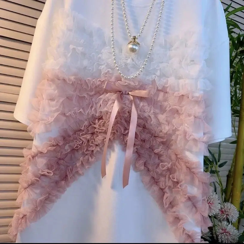 🍒Mesh lace ruffle tee shirt women 3d bow loose summer wear tops for girls mid length ruched chiffon t-shirt short sleeve  Perfect Partying Pink