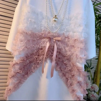 🍒Mesh lace ruffle tee shirt women 3d bow loose summer wear tops for girls mid length ruched chiffon t-shirt short sleeve  Perfect Partying Pink