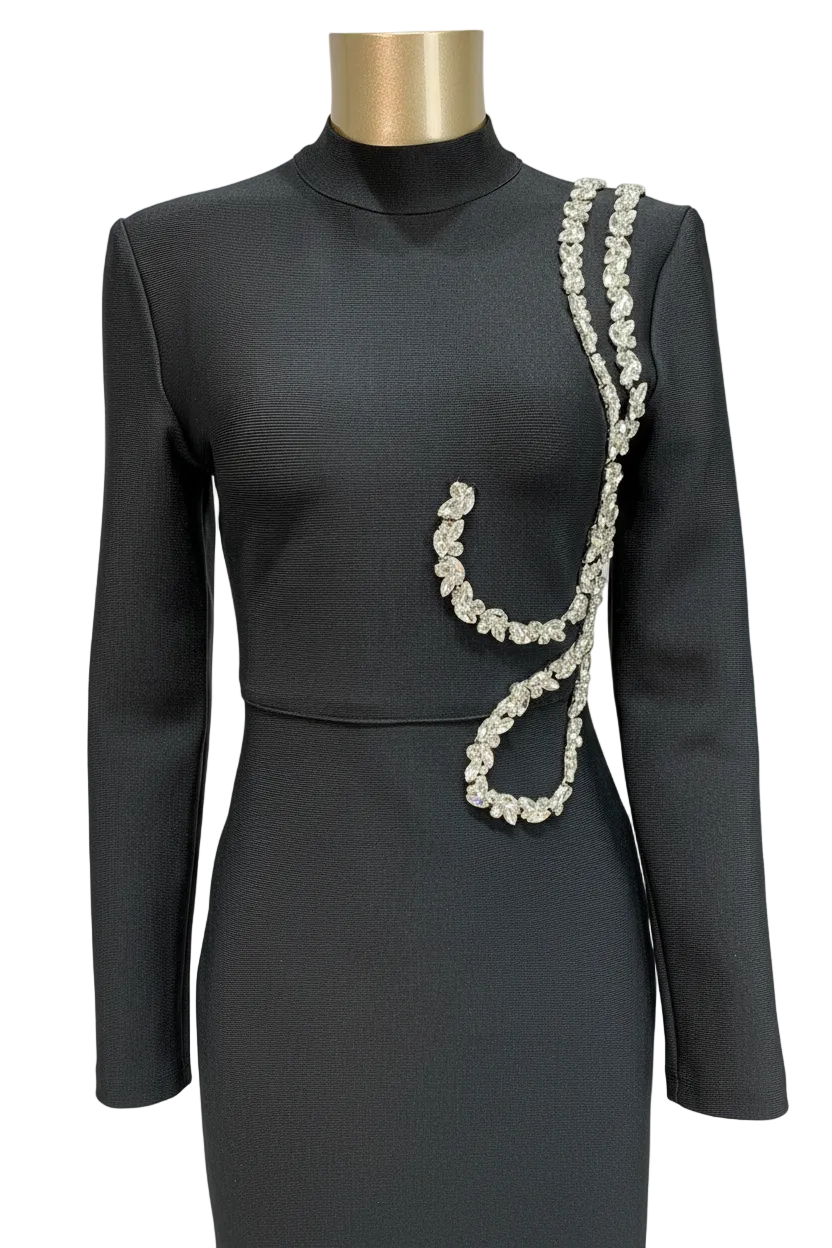🍒Black party dress for women long sleeve half high neck collar crystal bodycon gown occassion  outfit with sparkles ankle length maxi dress celebrity club  wear evening wear Swirl Twirl