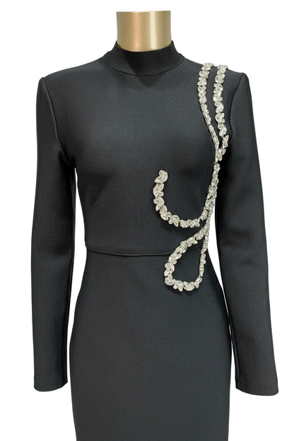 🍒Black party dress for women long sleeve half high neck collar crystal bodycon gown occassion  outfit with sparkles ankle length maxi dress celebrity club  wear evening wear Swirl Twirl