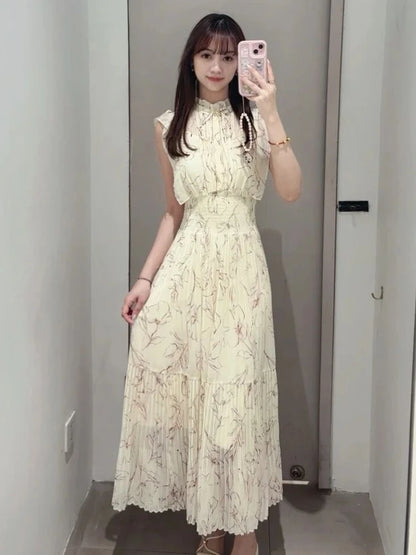 🍒Mid-length dresses for women printed high waisted outfit gentle literary pleated slim exquisite outfit smart casual flloral clothing