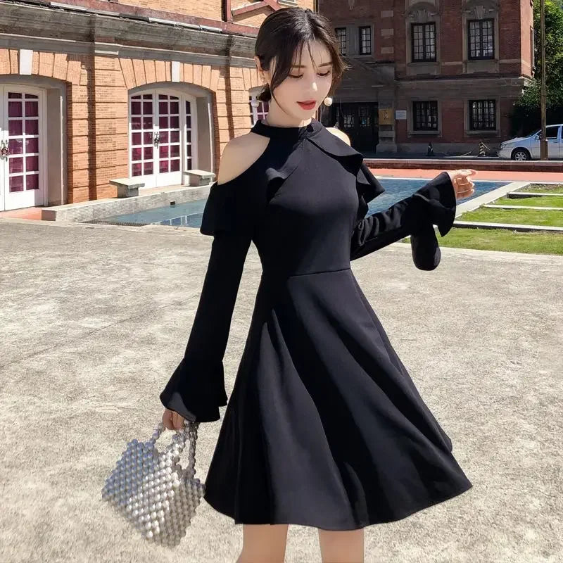🍒Chic long sleeve black dress for women sensual trend cold shoulder fashion summer clothing elegant pretty a-line dress party wear designer outfit Hot It In A-Cold Shoulder