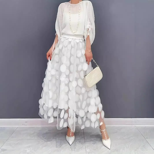 🍒Womens polka dot 3D design tulle mesh skirt retro elastic waist long length a-line occasion wear beach party wear street fashion feminine street wear You Will Be Dotty About These Spots