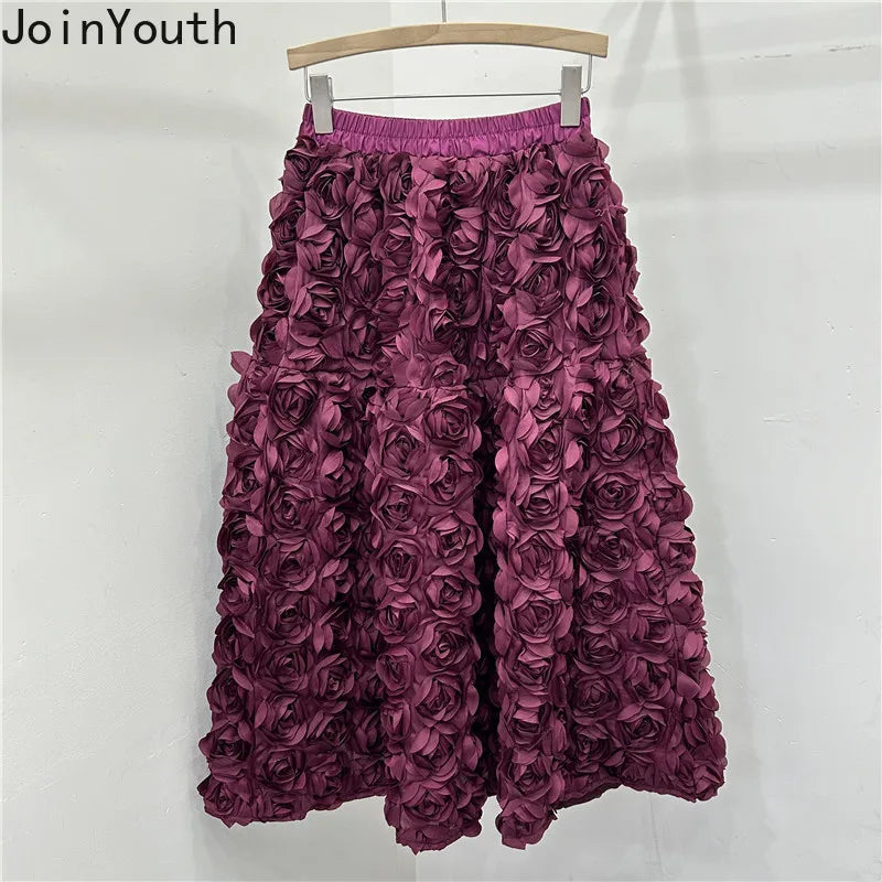 🍒3D flower skirt versatile flower mid-calf a-line fashion wear for women high waist big swing feminine outfit occasion wear party wear chic floral high waist a-line sweet solid colour clothing Pick This Rose And Put It In Your Basket