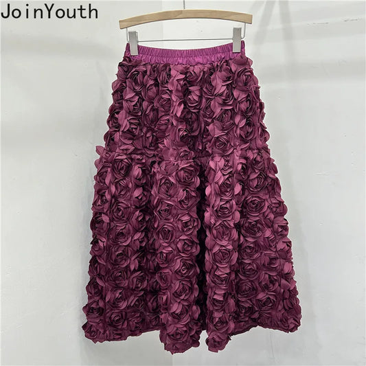🍒3D flower skirt versatile flower mid-calf a-line fashion wear for women high waist big swing feminine outfit occasion wear party wear chic floral high waist a-line sweet solid colour clothing Pick This Rose And Put It In Your Basket