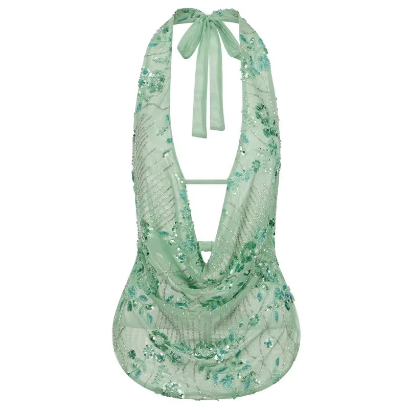 🍒Glitter sequin tops women y2k outfit fashion deep v-neck crop top backless draped front blouse beach top