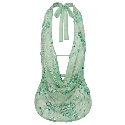 🍒Glitter sequin tops women y2k outfit fashion deep v-neck crop top backless draped front blouse beach top