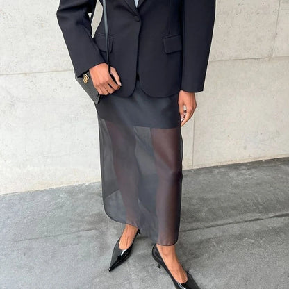 🍒Black mesh skirt long double-layer design perspective transparent maxi skirt high Waist slit hip loose female summer fashion party occasion wear Step In See Through