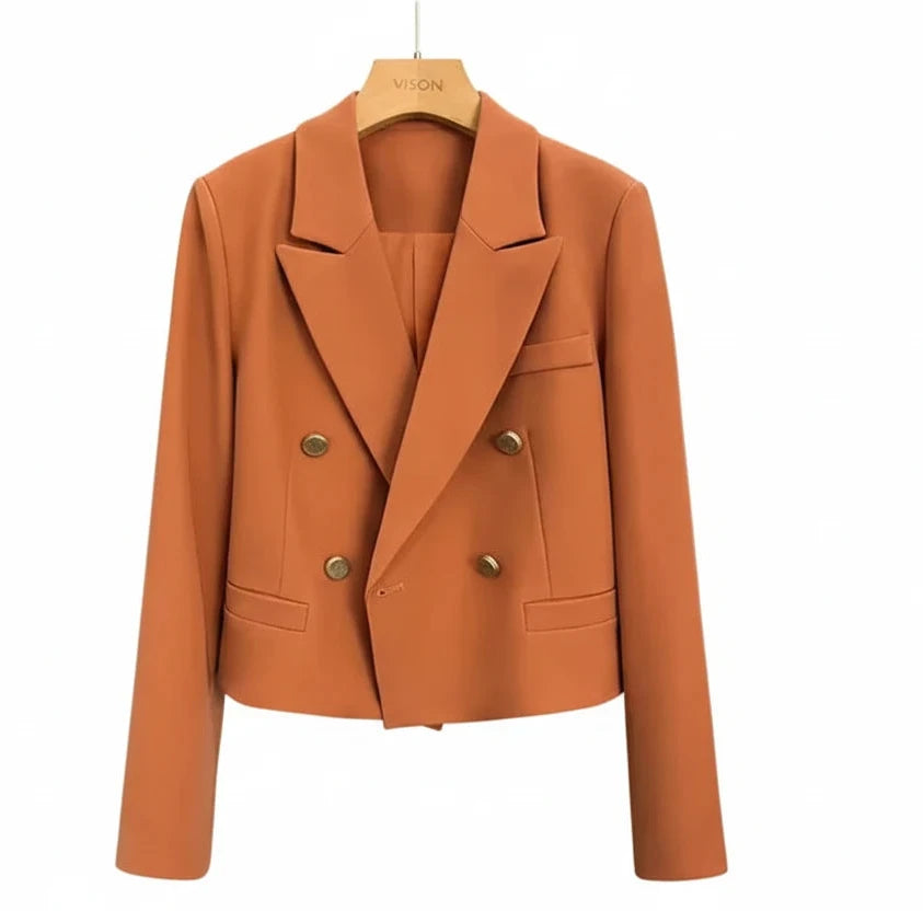 🍒Crop blazer for women long sleeve short double breasted Jacket smart casual outerwear  occasion spring and autumn fashion   Cream Of The Crop Cool