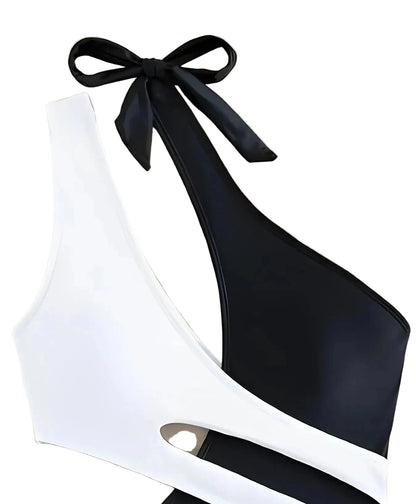 🍒One-piece swimsuit colour block collision single shoulder bathing suit strap design high eastic backless swimwear type european style swimming costume with tie straps  SHOREly CHIC