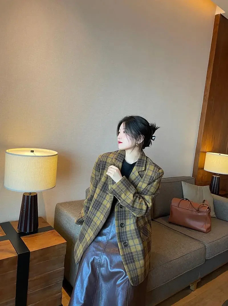🍒Womens brown blazer vintage wool plaid Jacket autumn winter british style trendy eye catching yellow check coat long sleeve female smart casual clothing Chunky Check Charm
