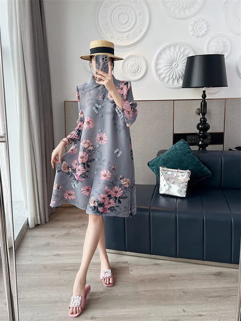 🍒Evening dresses  holiday fashion printed  spring/summer outfits floral pleated long dress loose fit a-line smart casual clothing women