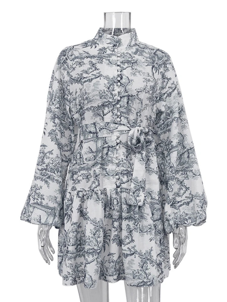 🍒Printed mini dress long sleeve clothes for hot weather o-neck outfit a line flare short china print smart casual female clothes fashion beach party wear holiday wear  Drink Cocktails In Your China