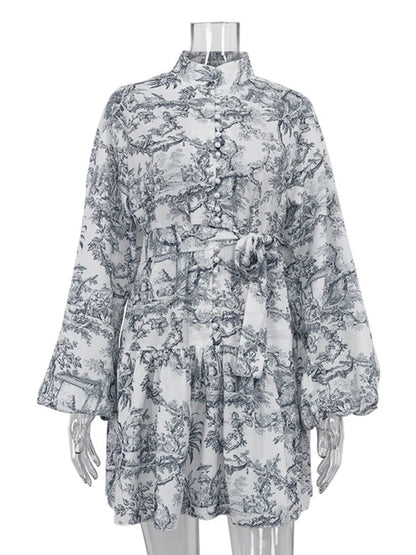 🍒Printed mini dress long sleeve clothes for hot weather o-neck outfit a line flare short china print smart casual female clothes fashion beach party wear holiday wear  Drink Cocktails In Your China