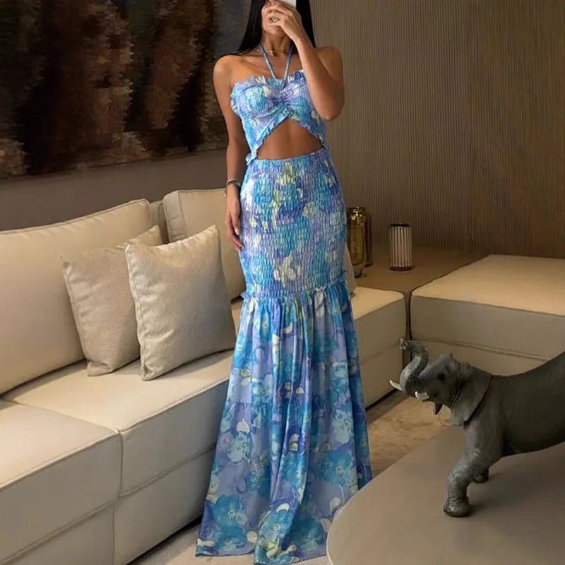 🍒Womens printed long dress ruched backless sleeveless summer outfit ruffle dresses party vacation wear   BRA-vo To FLOOR-al Beauty