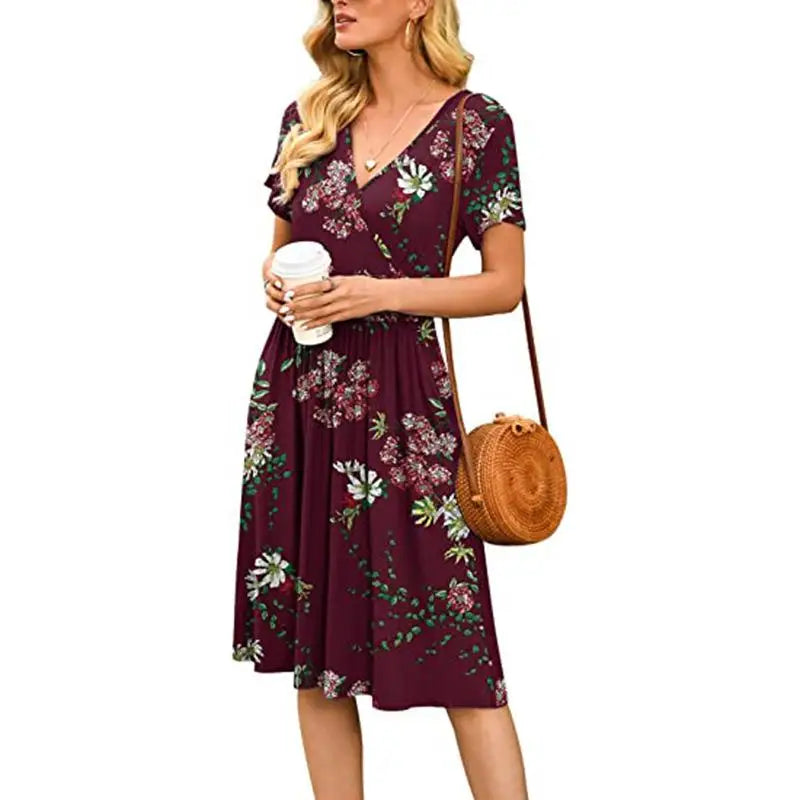 🍒Printed v-neck a-line short sleeve dress floral with high waist over knee outfits for summer womens fashion clothing beachwear holiday clothing A Bunch Of Beautiful Florals
