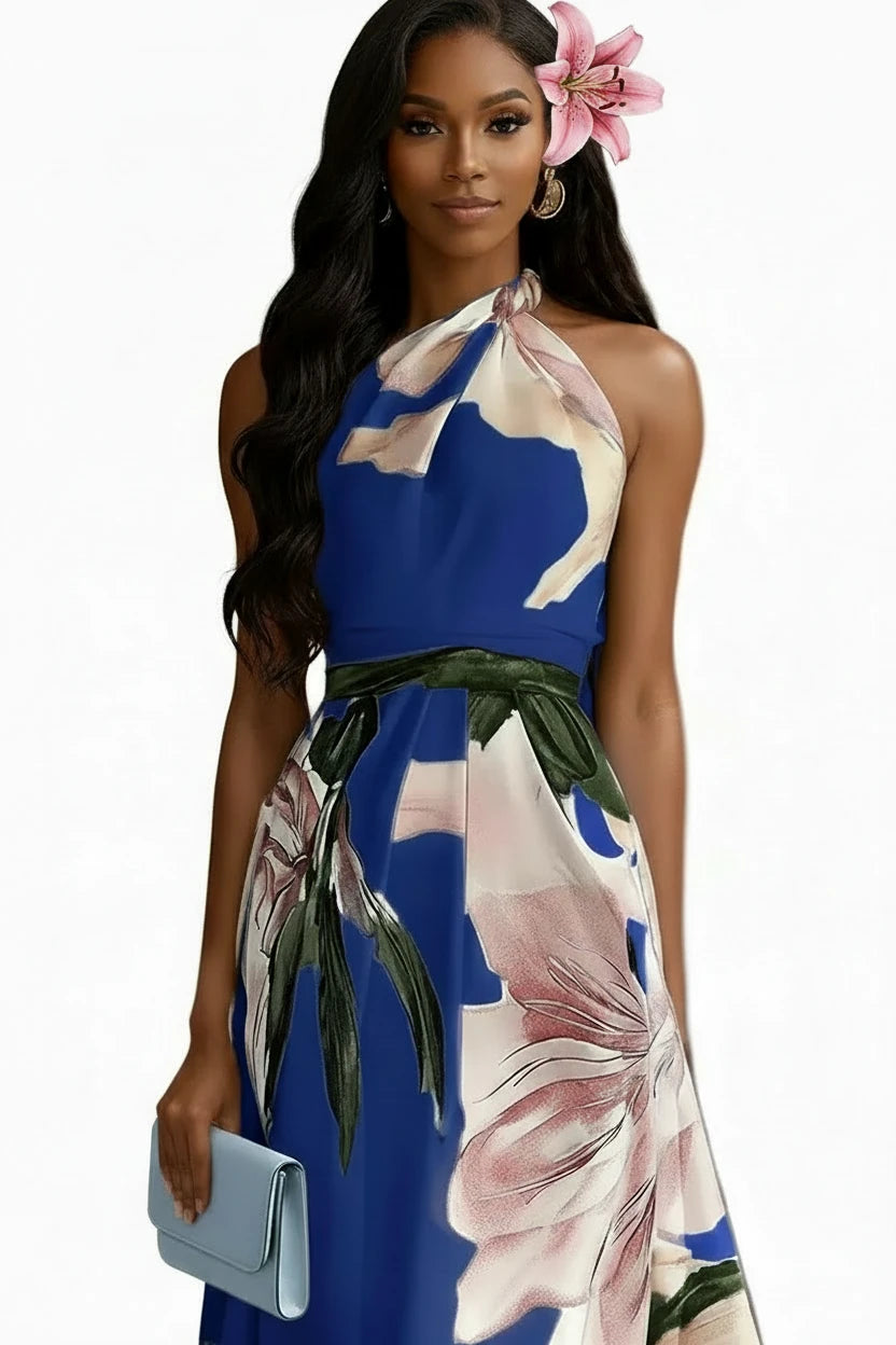 🍒Party vacation dress maxi floral fashion printed long outfit catwalk sleeveless party backless european and american occasion clothing Floor Them With A Floor Floral