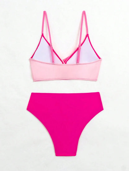 🍒Patchwork two piece swimsuit for women high waist bikini v-neck adjustable suspender type spaghetti strap backless swim set summer beach Vacation Swimwear  Drink Fruities In Your Fruity
