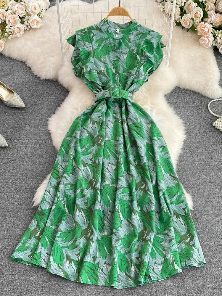 🍒 Printed midi dress high waist sleeveless a-line outfits elegant stand collar ruffle smart casual summer feminine fashion style Dont LEAF-e This In Your Basket Get This And You Will Be SKY High With Happiness