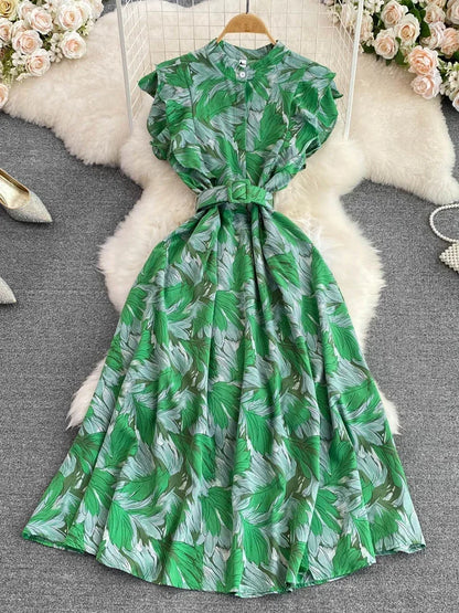 🍒 Printed midi dress high waist sleeveless a-line outfits elegant stand collar ruffle smart casual summer feminine fashion style Dont LEAF-e This In Your Basket Get This And You Will Be SKY High With Happiness