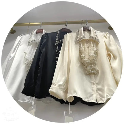 🍒Sequin shirt with beading ruffle blouse for women black occasion shirt Y2k long sleeve occasion top feminine fashion evening wear party wear tops Look Frilling In Your Frilly Frills