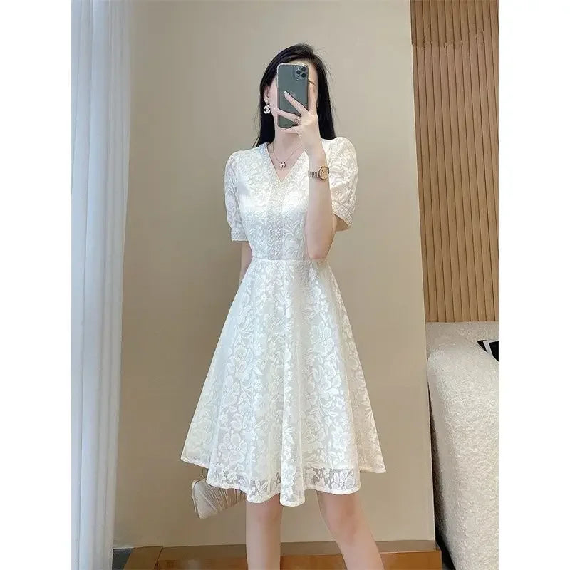 🍒Dress special occasion outfits women midi frock in white colour lace one-piece elegant chic  summer fashion plus size clothing