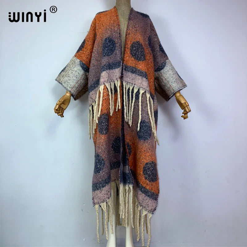 🍒winter coat for women fashion print long outdoor cardigan with  tassels luxury knitted overcoat thick europe warm long knit jacket cardigan Hot Spot