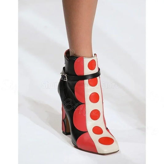 🍒Mixed colour short boots genuine leather wave point print buckle ankle high heel booties with side zipper women polka dot shoes chunky heels with square toe party occassion footwear Digit These Dots In your Cool shop