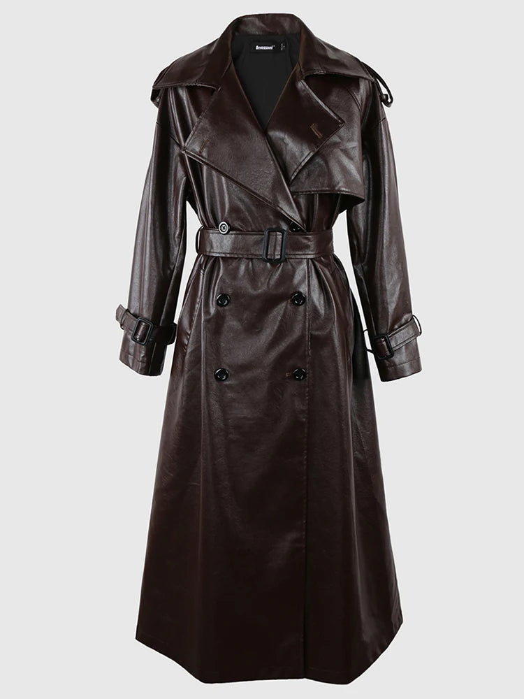 🍒 Long oversized black trench coat faux leather outerwear for women double breasted overcoat belt loose smart casual outdoor wear