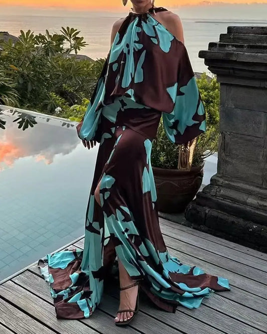 🍒Elegant evening dresses vacation style outfits printed off shoulder with slits party evening wear fashion clothing for women Look Sound In Aqa Brown Gown