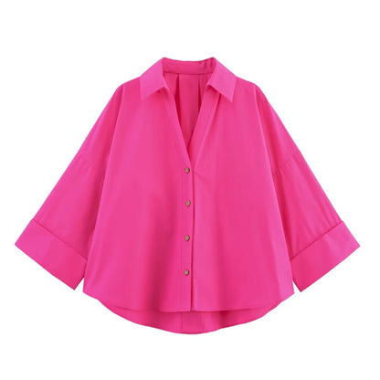 🍒 Womens oversized button - down shirt with rolled up sleeves v -neck for a chic Look smart casual clothing relaxed blouse officewear tops BATle The Day In Your WINGS