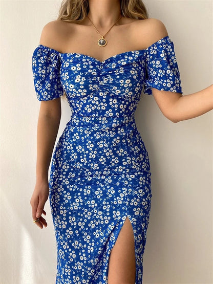 🍒Floral print party dress elegant women off shoulderless backless outfit summer slit boho midi smart casual ladies clothing Figure Out Your Floral Fashion