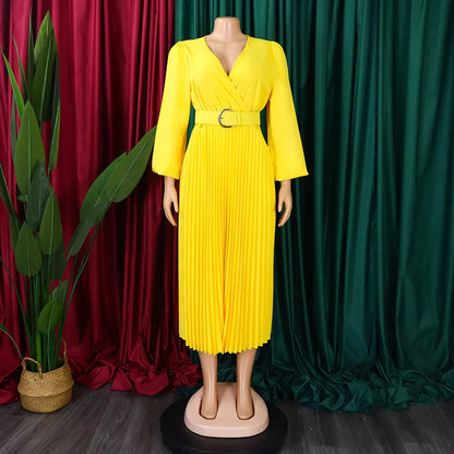 🍒Elegant womens dress v neck long sleeves waist belt a-line outfits solid clothing pleated classy fashion office wear for ladies banquet formal wear summer clothing Pleasing Pleats