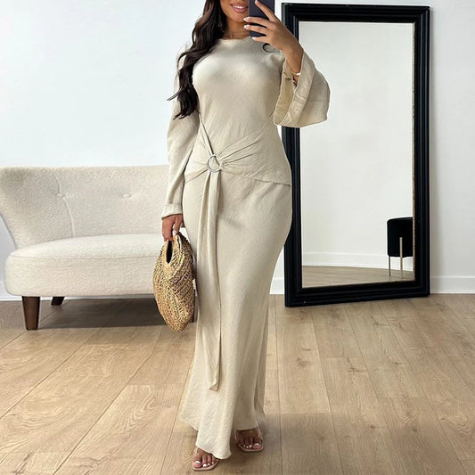 🍒Tie dress for women o neck fashion clothing slim fit smart casual wear long sleeve party wear elegant high waist outfit No Figuring This One Out