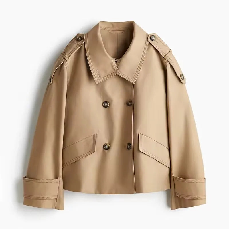 🍒Vintage double breasted trench commuter coat women loose long sleeve Jacket spring autumn elegant stand collar outerwear