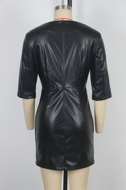 🍒Faux leather mini dress round neck designs three quarter sleeve outfit black party women solid colour clothing fashion bodycon club wear occasion wear Look Leather