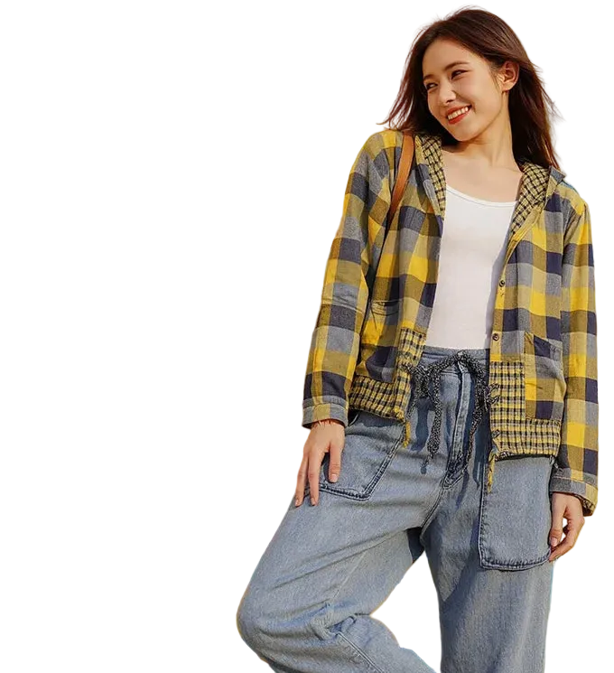 🍒Plaid pocket hood jacket top shirts check blouses spring summer fashion casual wear women check clothing outdoor style cheeky chic check