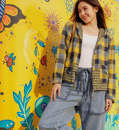 🍒Plaid pocket hood jacket top shirts check blouses spring summer fashion casual wear women check clothing outdoor style cheeky chic check