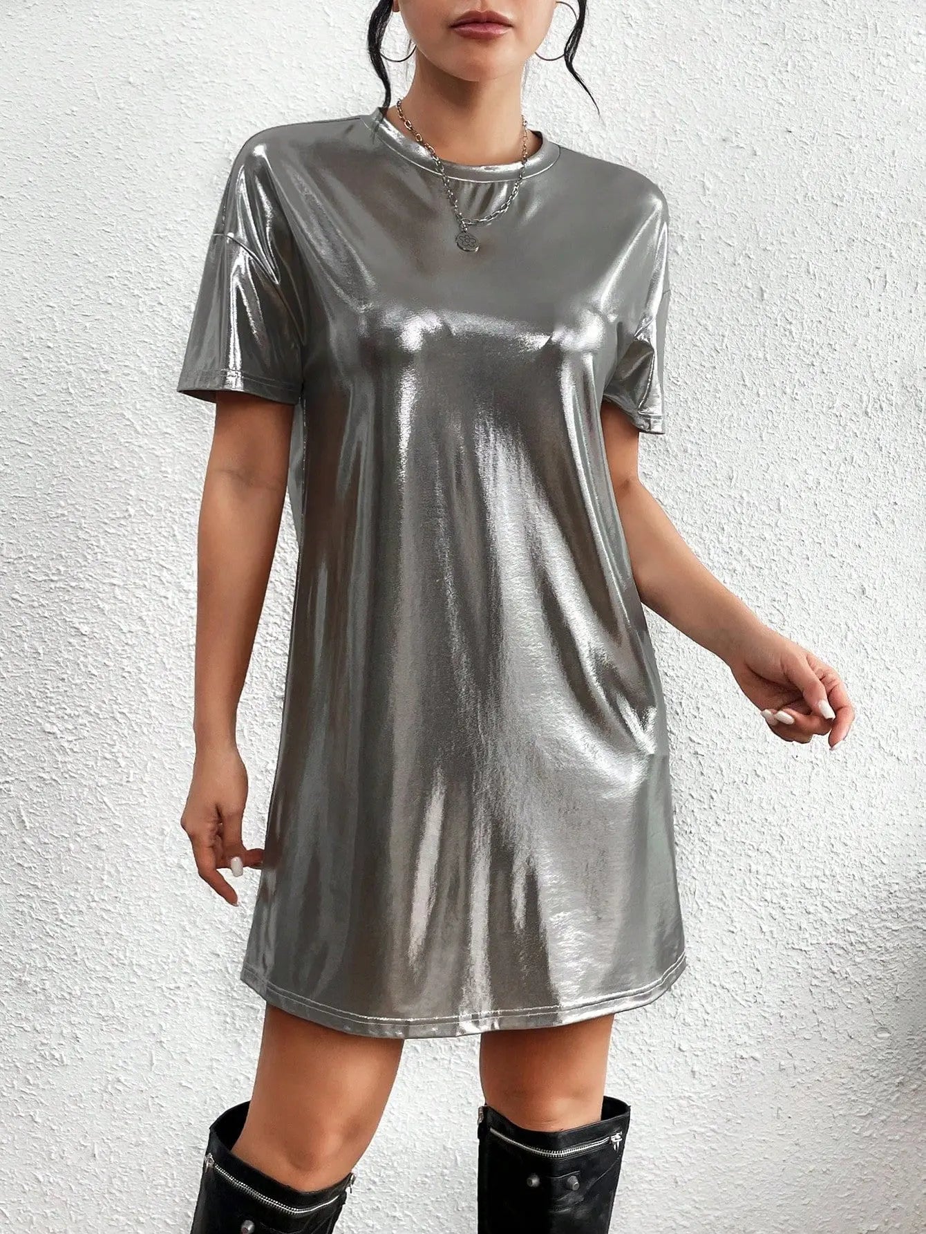 🍒Shiny t-shirt dress trendy o-neck outfit short-sleeved mini dress loose tee club wear party wear holiday wear beach party clothes Save Your Silvers keep Your Coppers