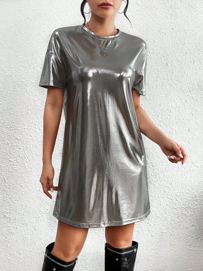 🍒Shiny t-shirt dress trendy o-neck outfit short-sleeved mini dress loose tee club wear party wear holiday wear beach party clothes Save Your Silvers keep Your Coppers
